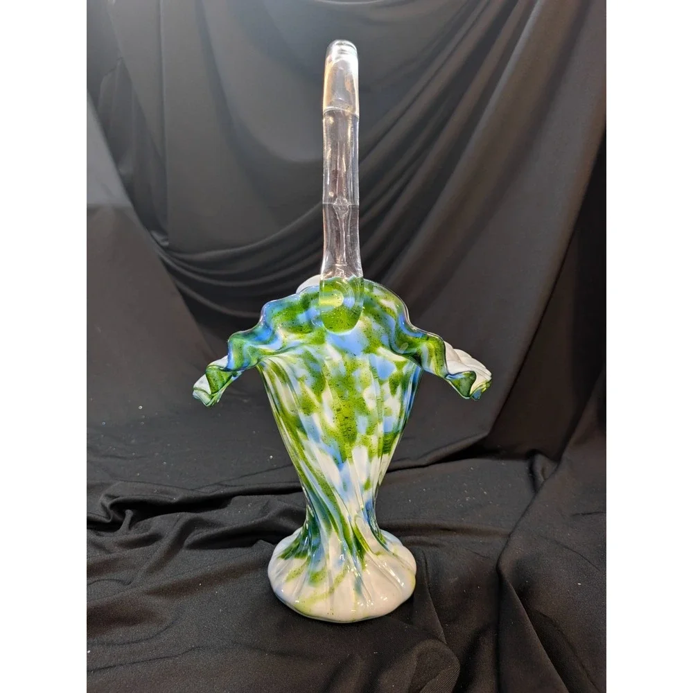 Fenton Murrhina Blue Green Aventurine Glass Handle Ruffle Basket 11